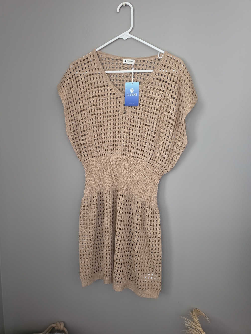 CUPSHE Beige Crochet Knit V-Neck Beach Cover Up Dress NWT